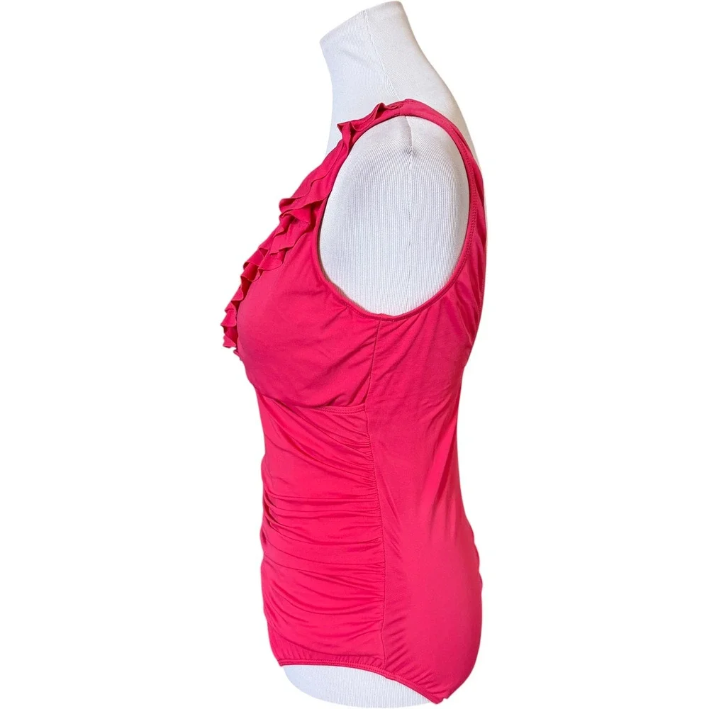 Lauren Ralph Lauren One Piece Swimsuit Womens 10 Pink Ruched Ruffle‎ V-Neck Slim